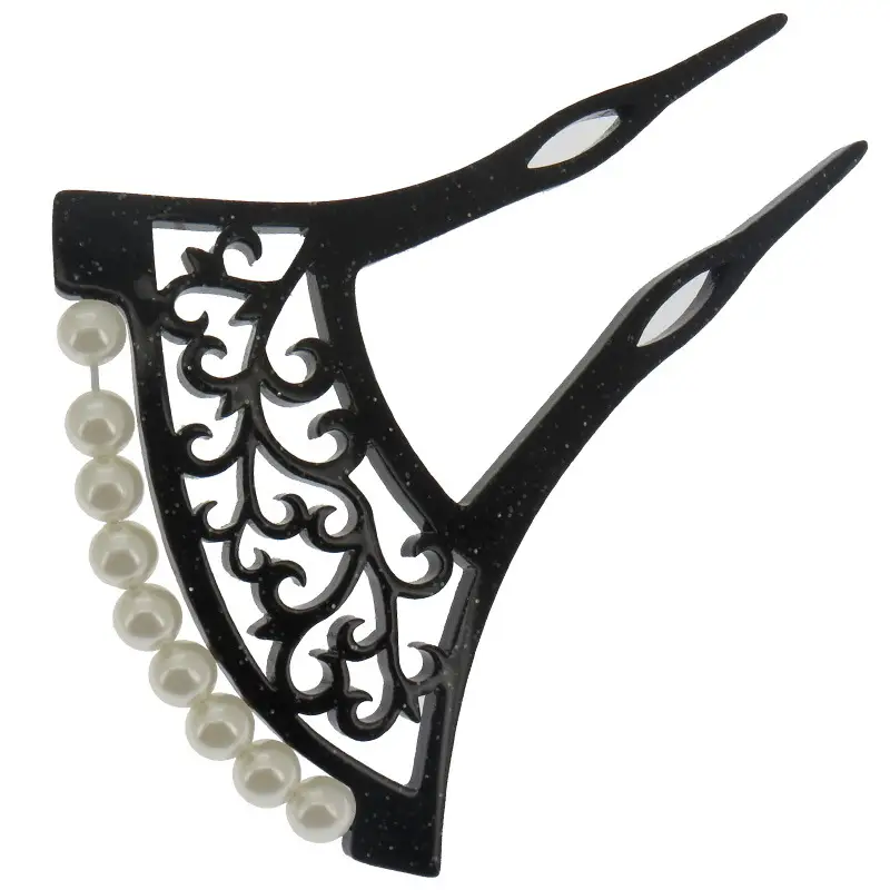 Ancient Hollow Bridal Hairpin with Pearl Beads Black - Image 8