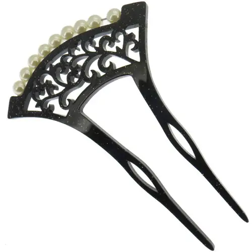 Ancient Hollow Bridal Hairpin with Pearl Beads Black - Image 2