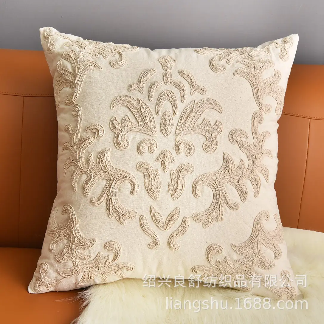 Cotton Hemp Embroidered Pillow Cover Cream - Image 3