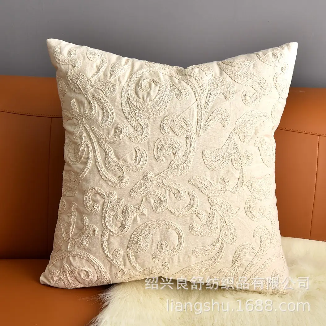 Cotton Hemp Embroidered Pillow Cover Cream - Image 2