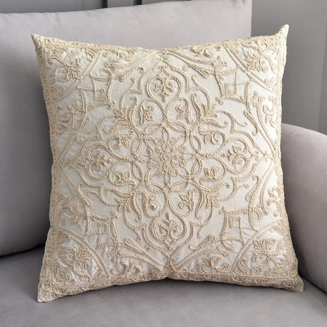 Cotton Hemp Embroidered Pillow Cover Cream - Image 4