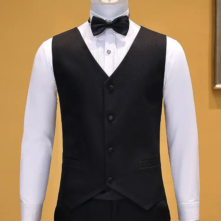 Men's White V-Neck Vest Suit with Bow Tie - Image 2