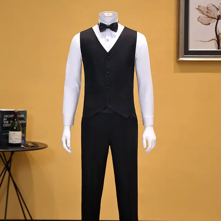 Men's White V-Neck Vest Suit with Bow Tie - Image 4