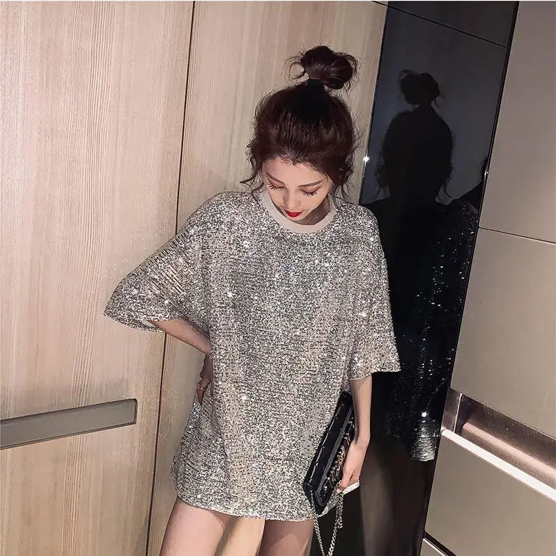 2024 Sequined Bling T-Shirt Women Loose Fit Casual - Image 5