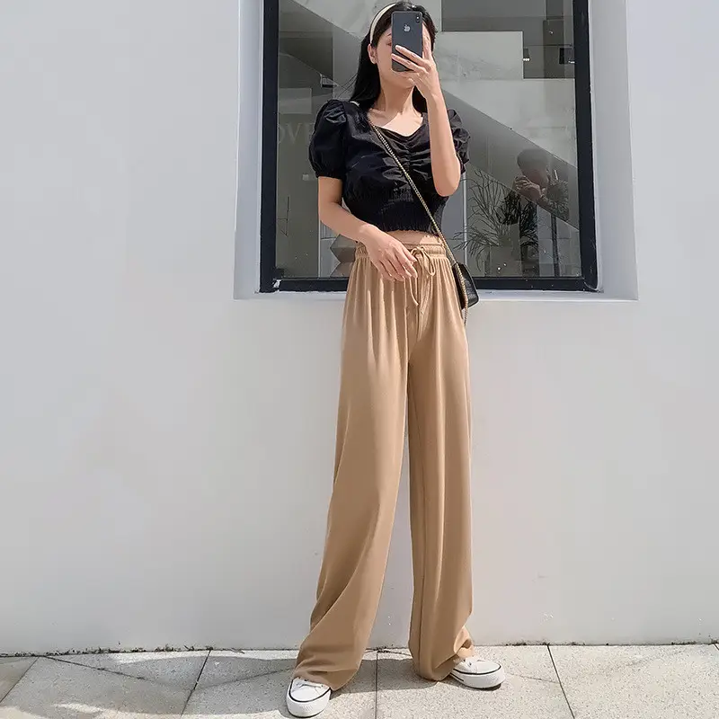 Women Ice Silk Wide Leg Pants Black High Waist Loose - Image 8