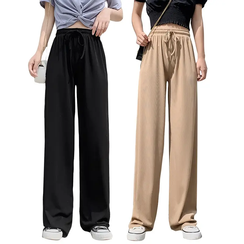 Women Ice Silk Wide Leg Pants Black High Waist Loose - Image 11