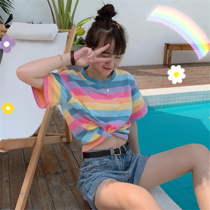 Rainbow Striped Women T-Shirt 2025 Summer Loose Fit - Image 9