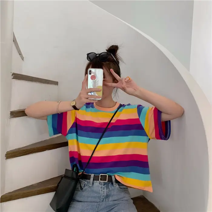 Rainbow Striped Women T-Shirt 2025 Summer Loose Fit - Image 10