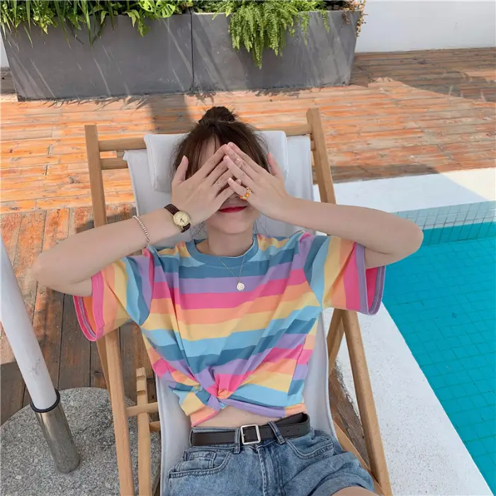 Rainbow Striped Women T-Shirt 2025 Summer Loose Fit - Image 11