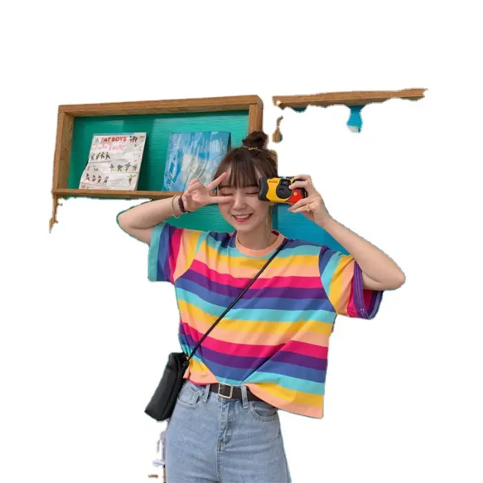 Rainbow Striped Women T-Shirt 2025 Summer Loose Fit - Image 12