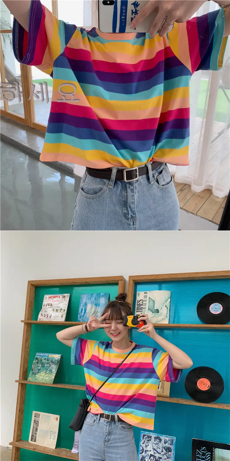 Rainbow Striped Women T-Shirt 2025 Summer Loose Fit — feature 10