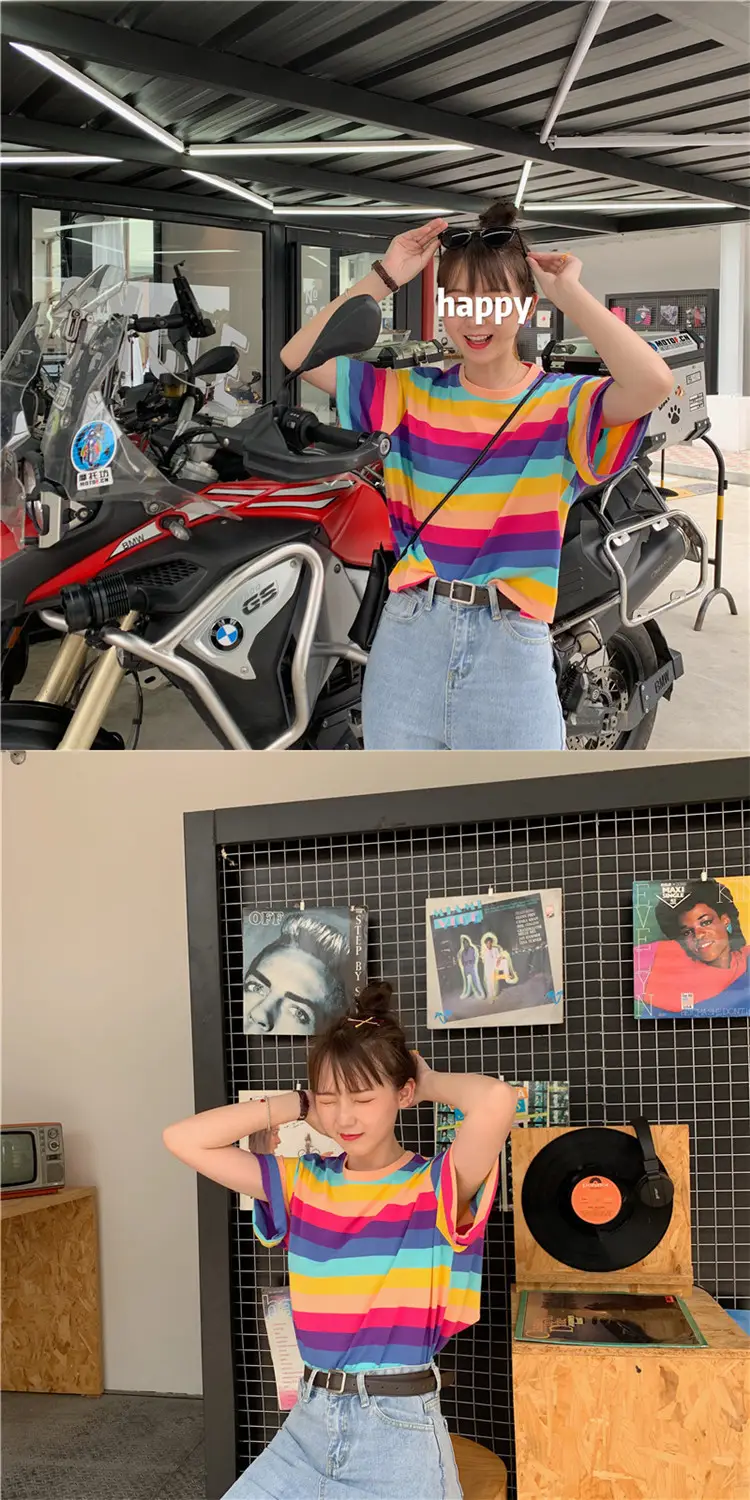 Rainbow Striped Women T-Shirt 2025 Summer Loose Fit — feature 11