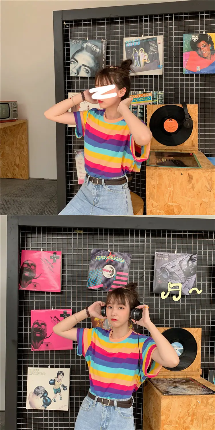 Rainbow Striped Women T-Shirt 2025 Summer Loose Fit — feature 12