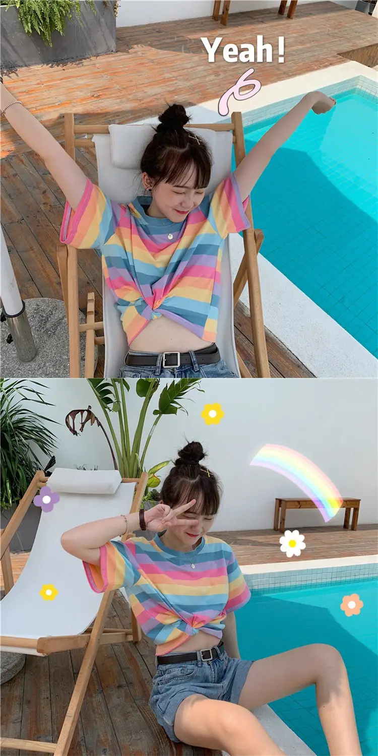 Rainbow Striped Women T-Shirt 2025 Summer Loose Fit — feature 2
