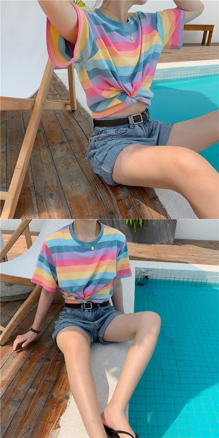 Rainbow Striped Women T-Shirt 2025 Summer Loose Fit — feature 3