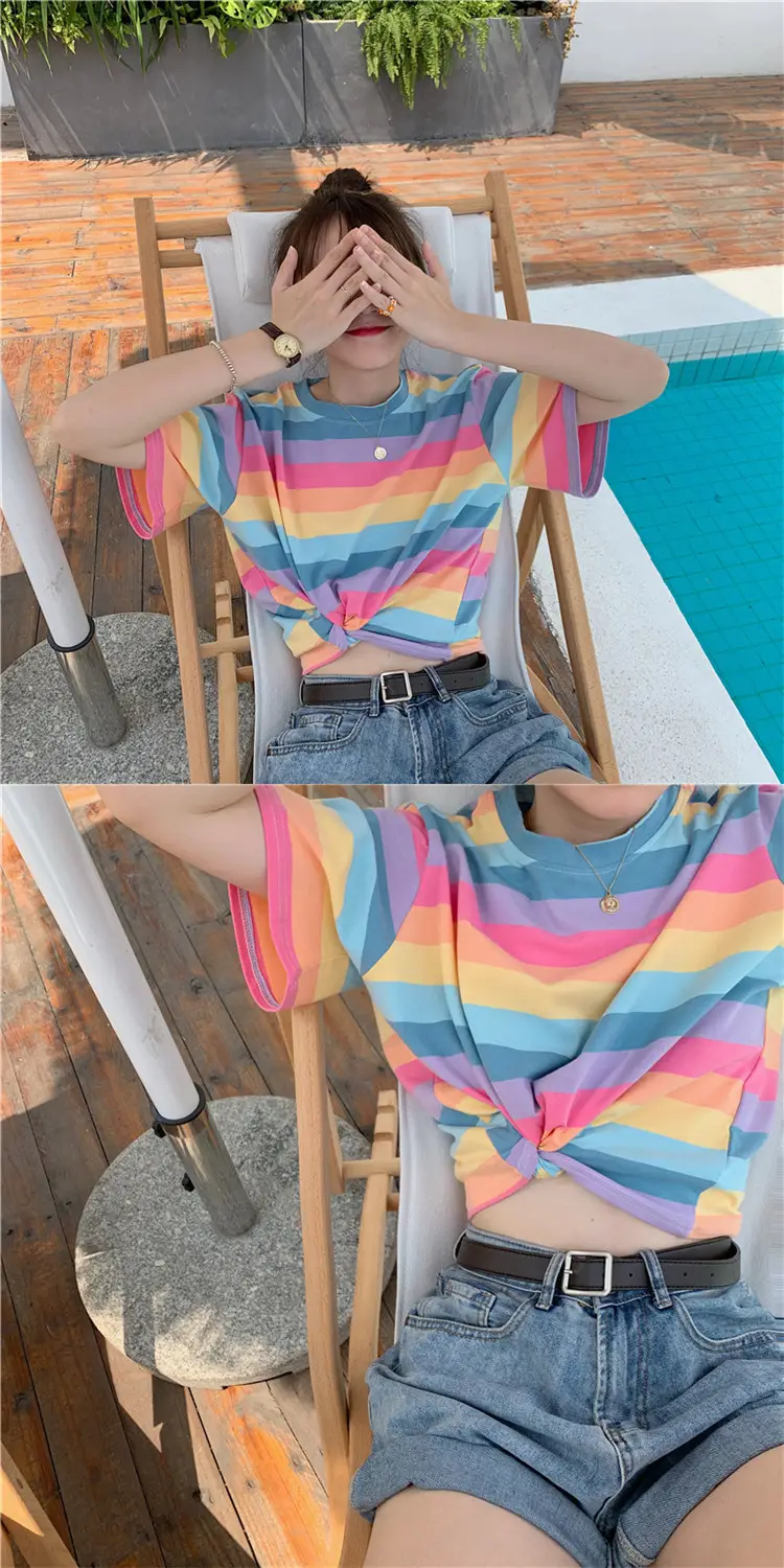 Rainbow Striped Women T-Shirt 2025 Summer Loose Fit — feature 4