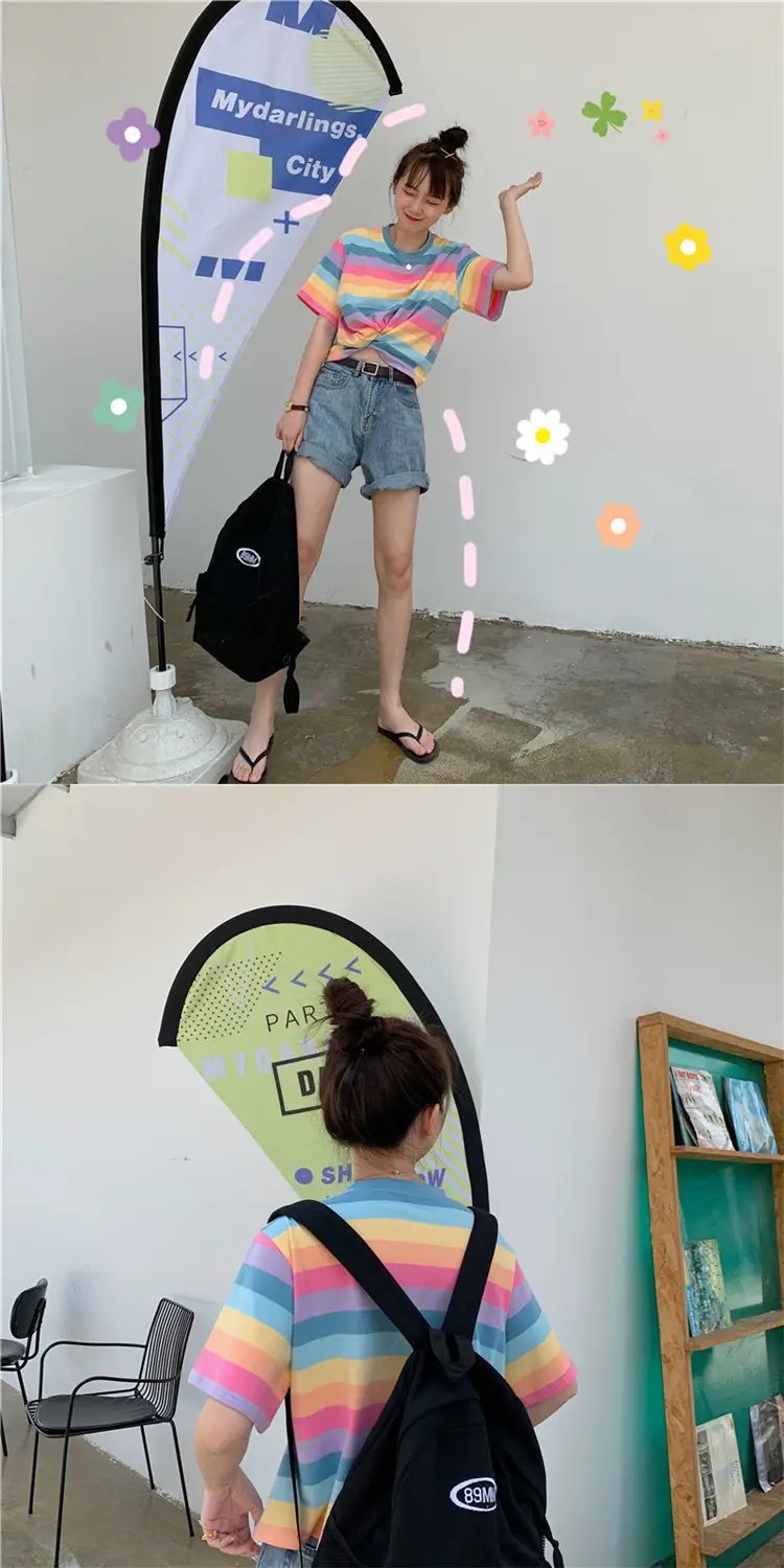 Rainbow Striped Women T-Shirt 2025 Summer Loose Fit — feature 5
