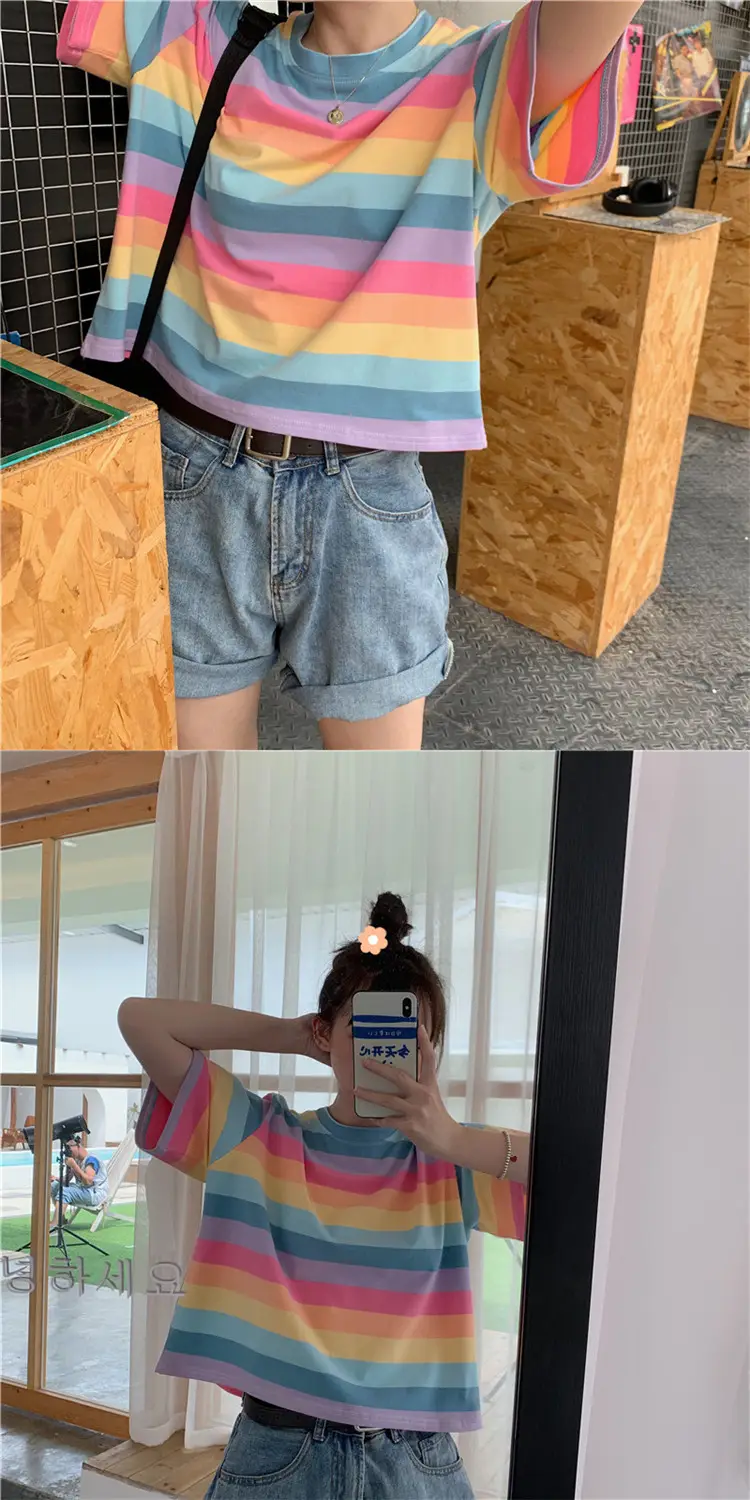 Rainbow Striped Women T-Shirt 2025 Summer Loose Fit — feature 6