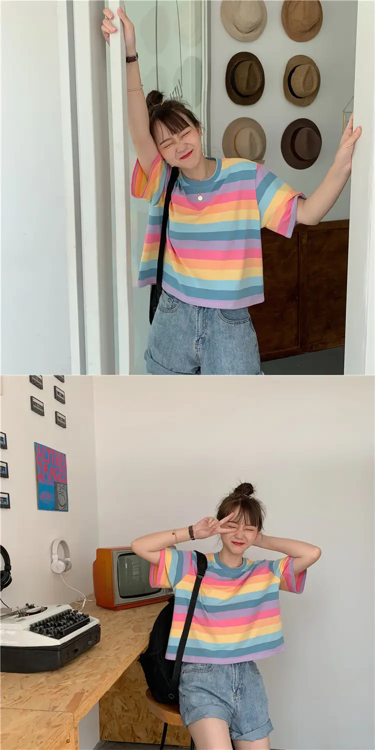Rainbow Striped Women T-Shirt 2025 Summer Loose Fit — feature 7