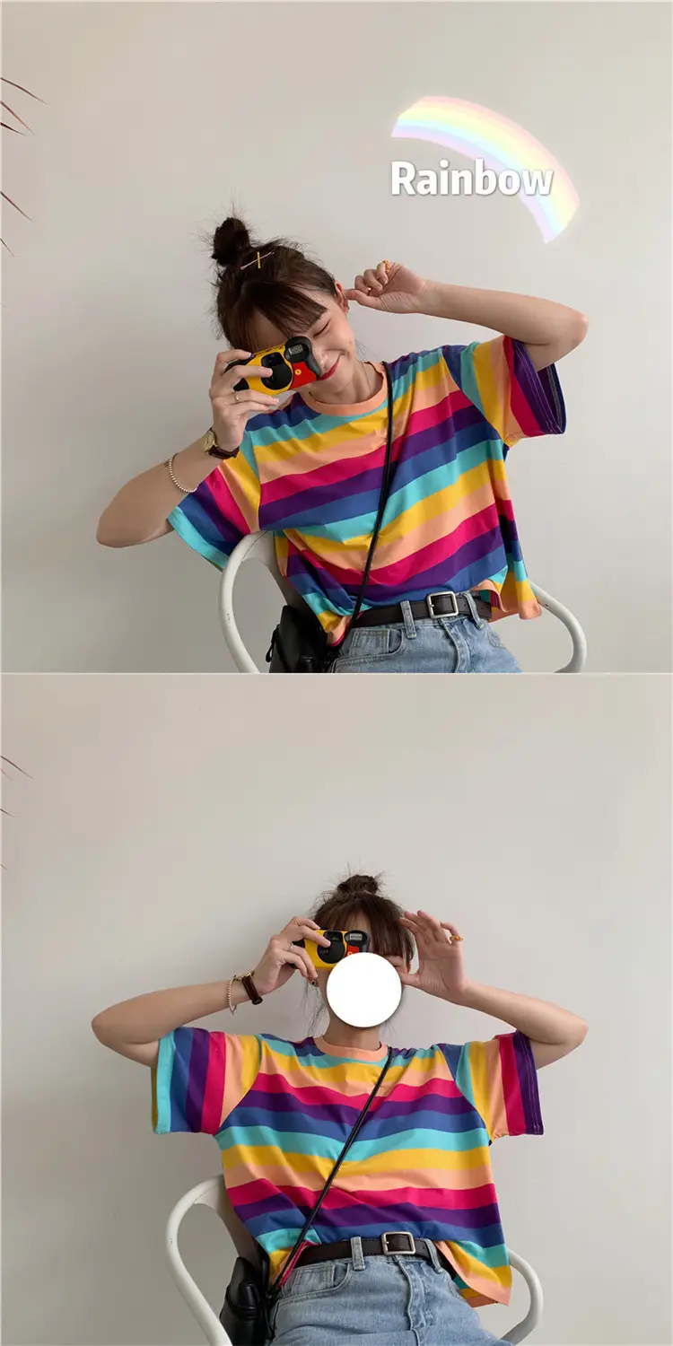Rainbow Striped Women T-Shirt 2025 Summer Loose Fit — feature 8