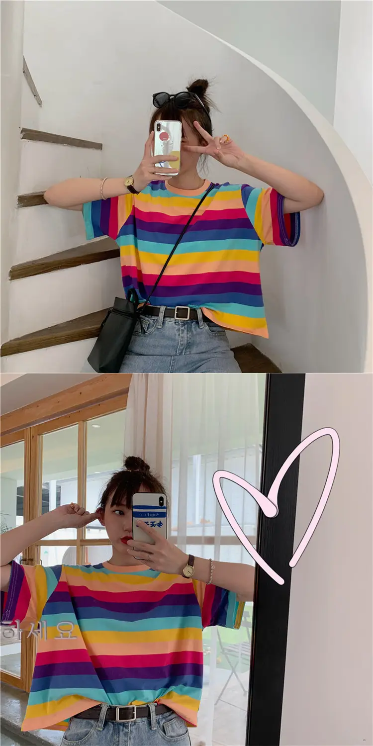 Rainbow Striped Women T-Shirt 2025 Summer Loose Fit — feature 9
