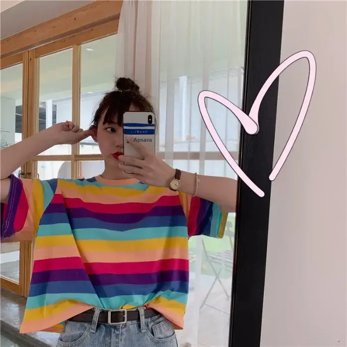 Rainbow Striped Women T-Shirt 2025 Summer Loose Fit - Image 3