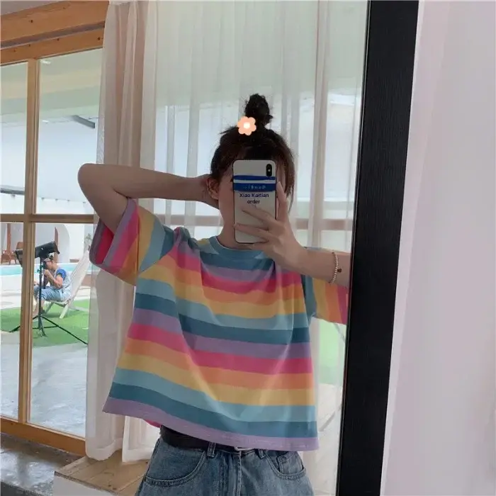 Rainbow Striped Women T-Shirt 2025 Summer Loose Fit - Image 6