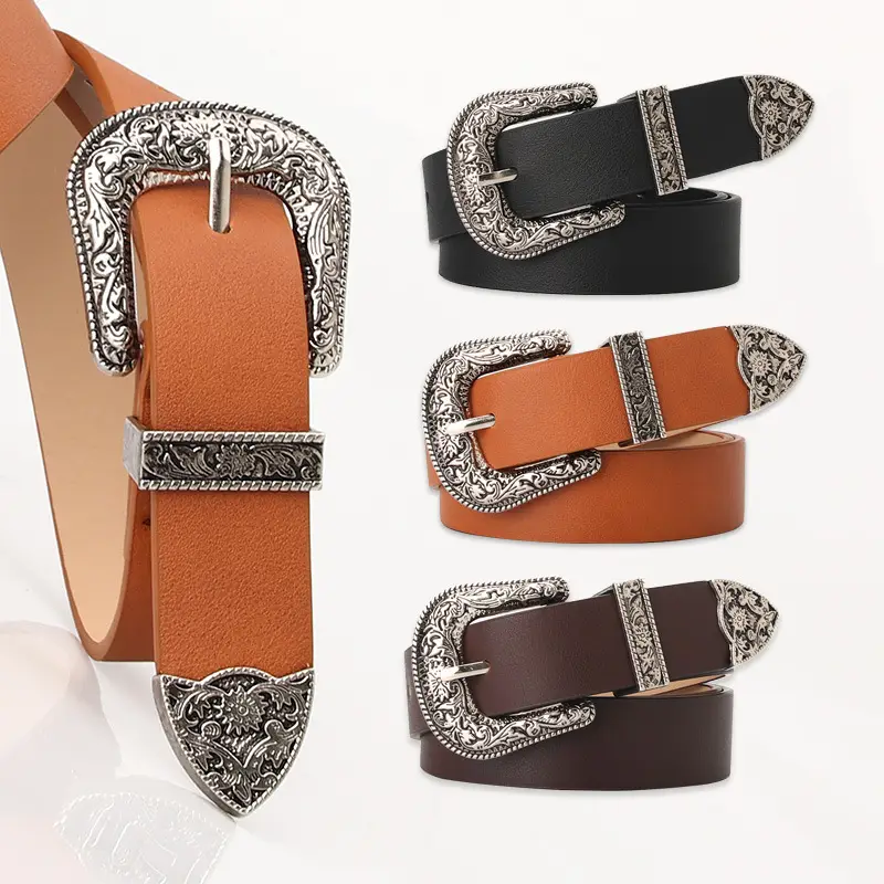 Women's Black Carved Belt with Retro Pin Buckle - Image 5