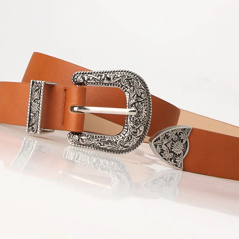 Women's Black Carved Belt with Retro Pin Buckle - Image 6