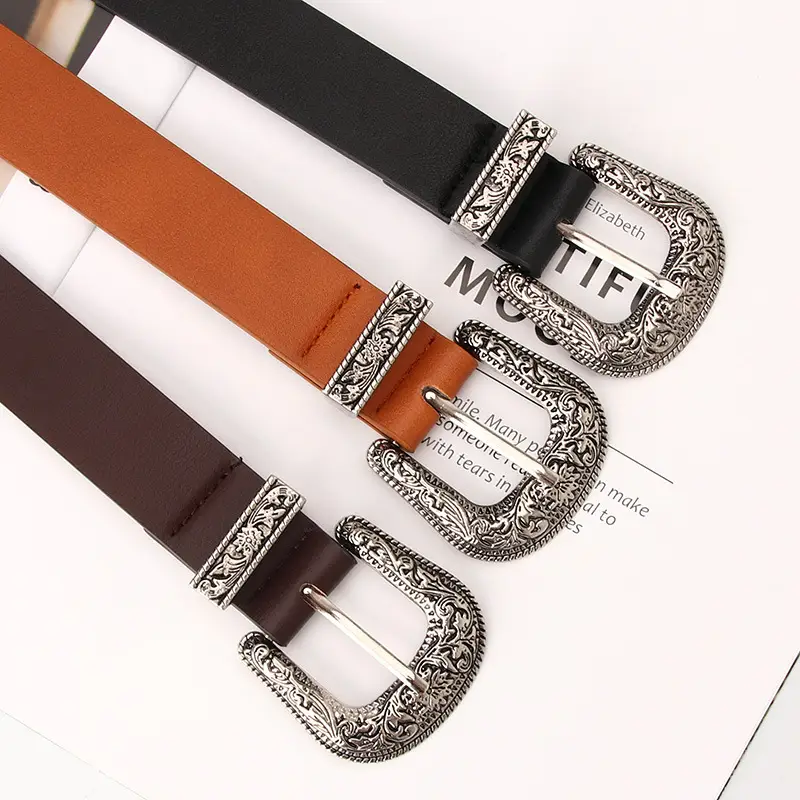 Women's Black Carved Belt with Retro Pin Buckle - Image 8