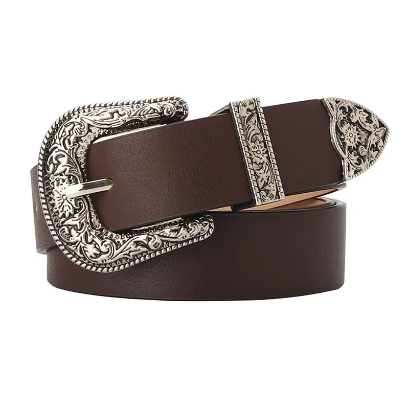 Women's Black Carved Belt with Retro Pin Buckle - Image 9