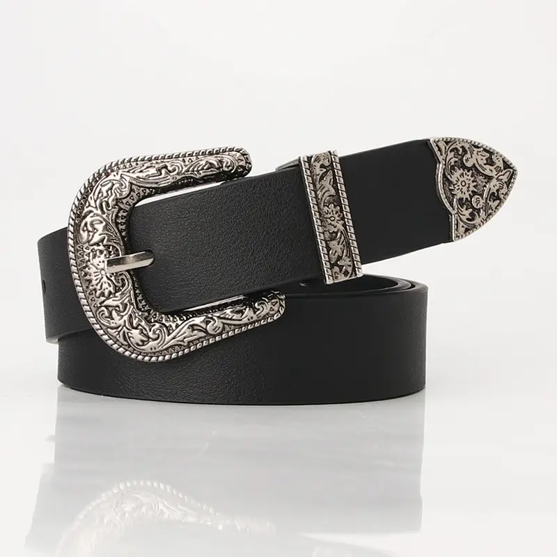 Women's Black Carved Belt with Retro Pin Buckle - Image 3