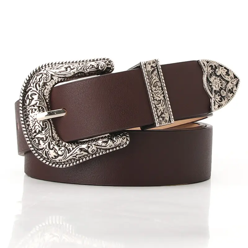 Women's Black Carved Belt with Retro Pin Buckle - Image 4