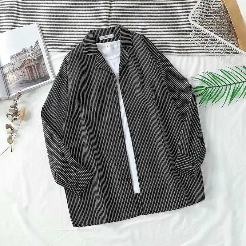 Men Long Sleeve Striped Shirt Black Korean Style