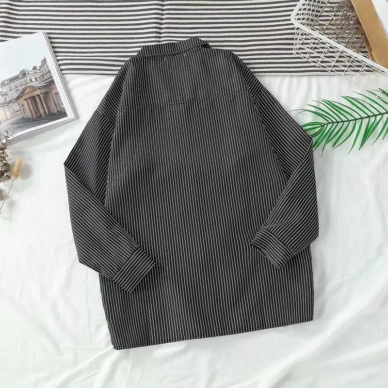 Men Long Sleeve Striped Shirt Black Korean Style