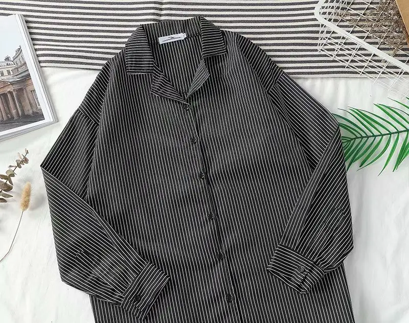 Men Long Sleeve Striped Shirt Black Korean Style