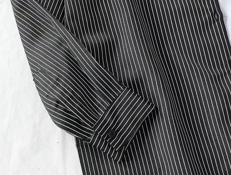Men Long Sleeve Striped Shirt Black Korean Style