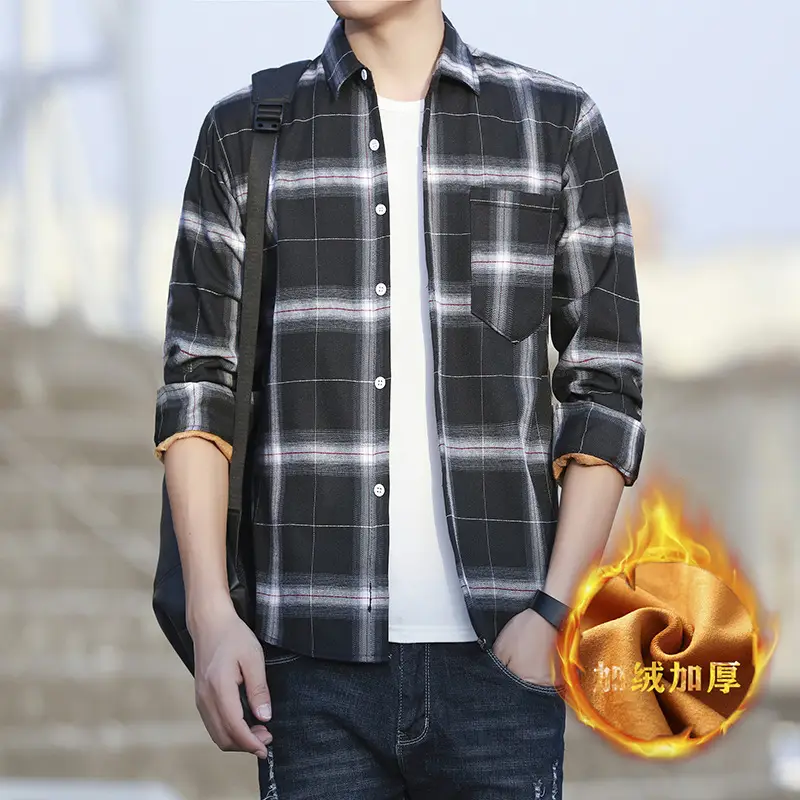 Men's Winter Plaid Fleece Shirt Long Sleeve Thickened