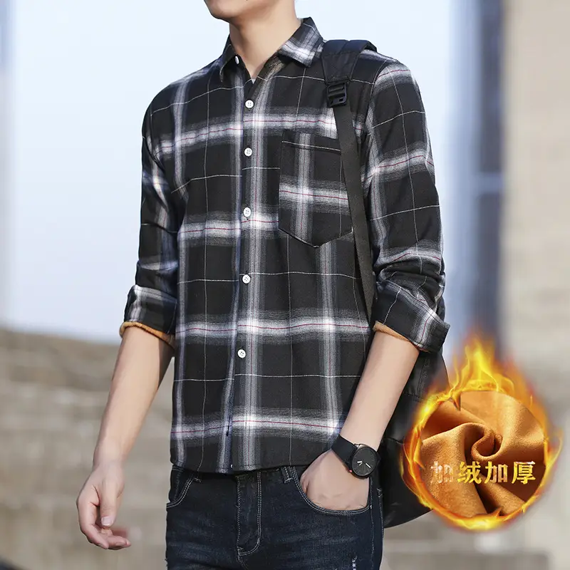 Men's Winter Plaid Fleece Shirt Long Sleeve Thickened
