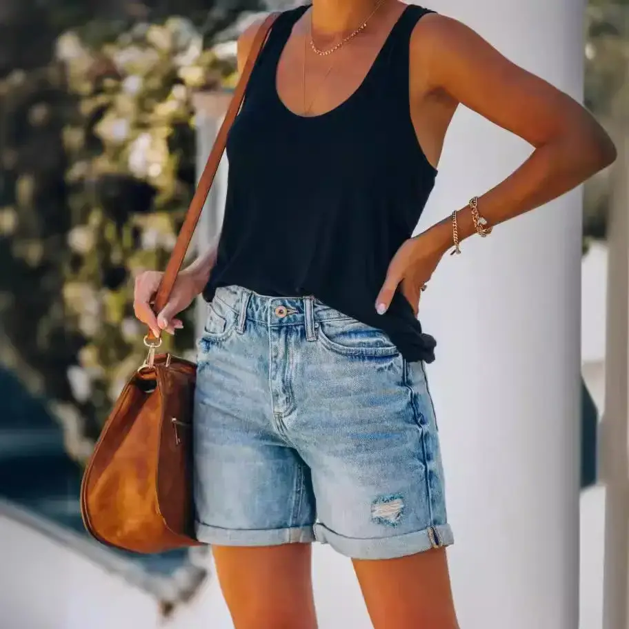 Women Ripped Wash Denim Shorts Straight Leg Casual Wear - Image 5