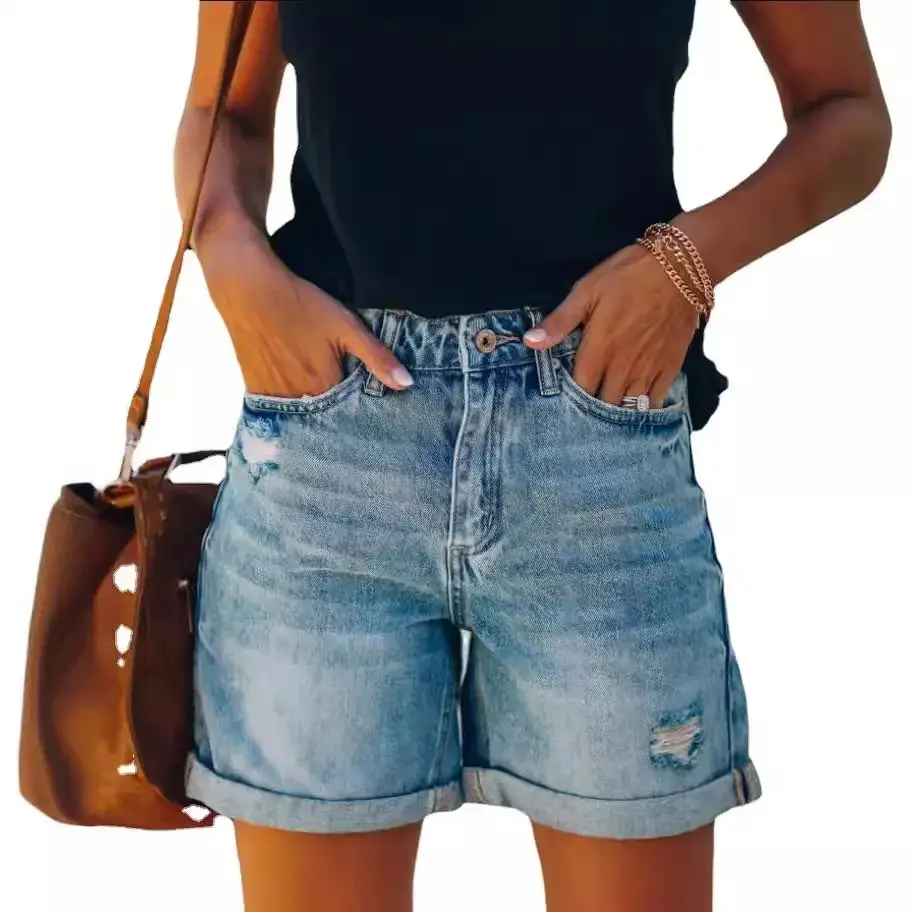 Women Ripped Wash Denim Shorts Straight Leg Casual Wear - Image 6