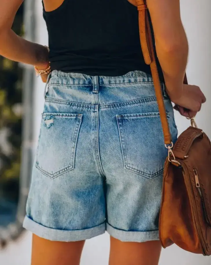 Women Ripped Wash Denim Shorts Straight Leg Casual Wear — feature 2
