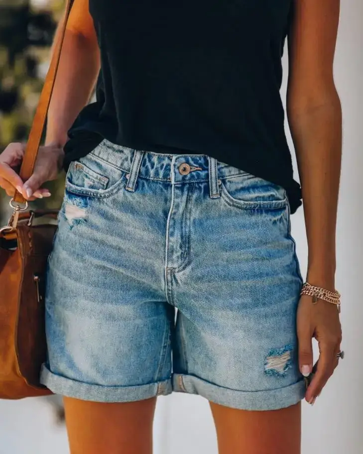 Women Ripped Wash Denim Shorts Straight Leg Casual Wear — feature 5