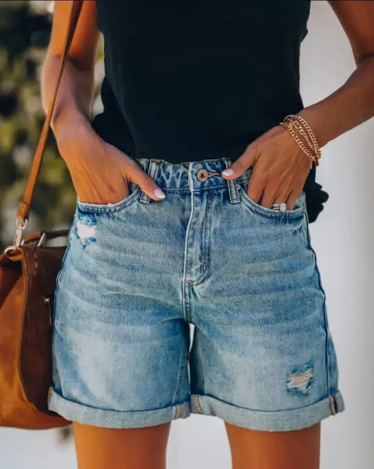 Women Ripped Wash Denim Shorts Straight Leg Casual Wear — feature 7