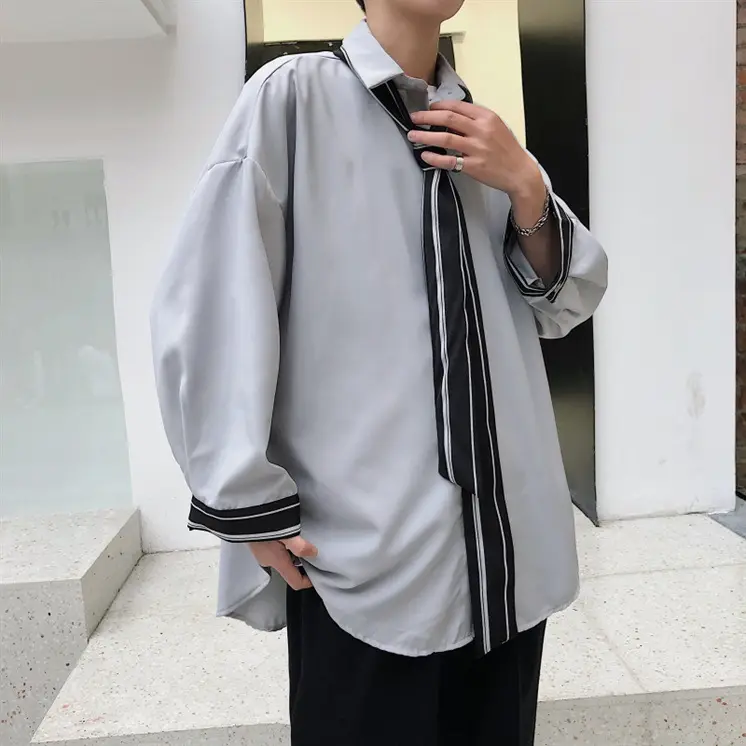 Men's Grey Korean Style Long Sleeve Shirt with Tie - Image 4