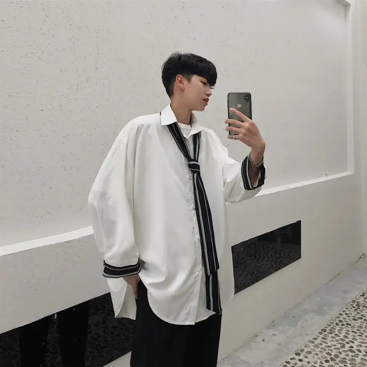 Men's Grey Korean Style Long Sleeve Shirt with Tie - Image 6