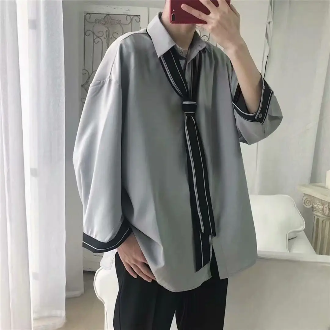 Men's Grey Korean Style Long Sleeve Shirt with Tie - Image 3