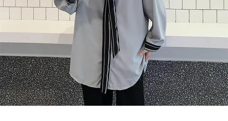 Men's Grey Korean Style Long Sleeve Shirt with Tie — feature 20