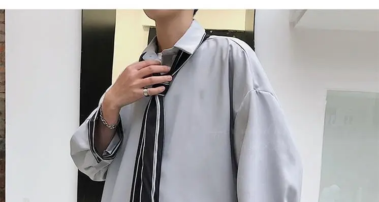 Men's Grey Korean Style Long Sleeve Shirt with Tie — feature 23