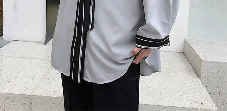 Men's Grey Korean Style Long Sleeve Shirt with Tie — feature 24